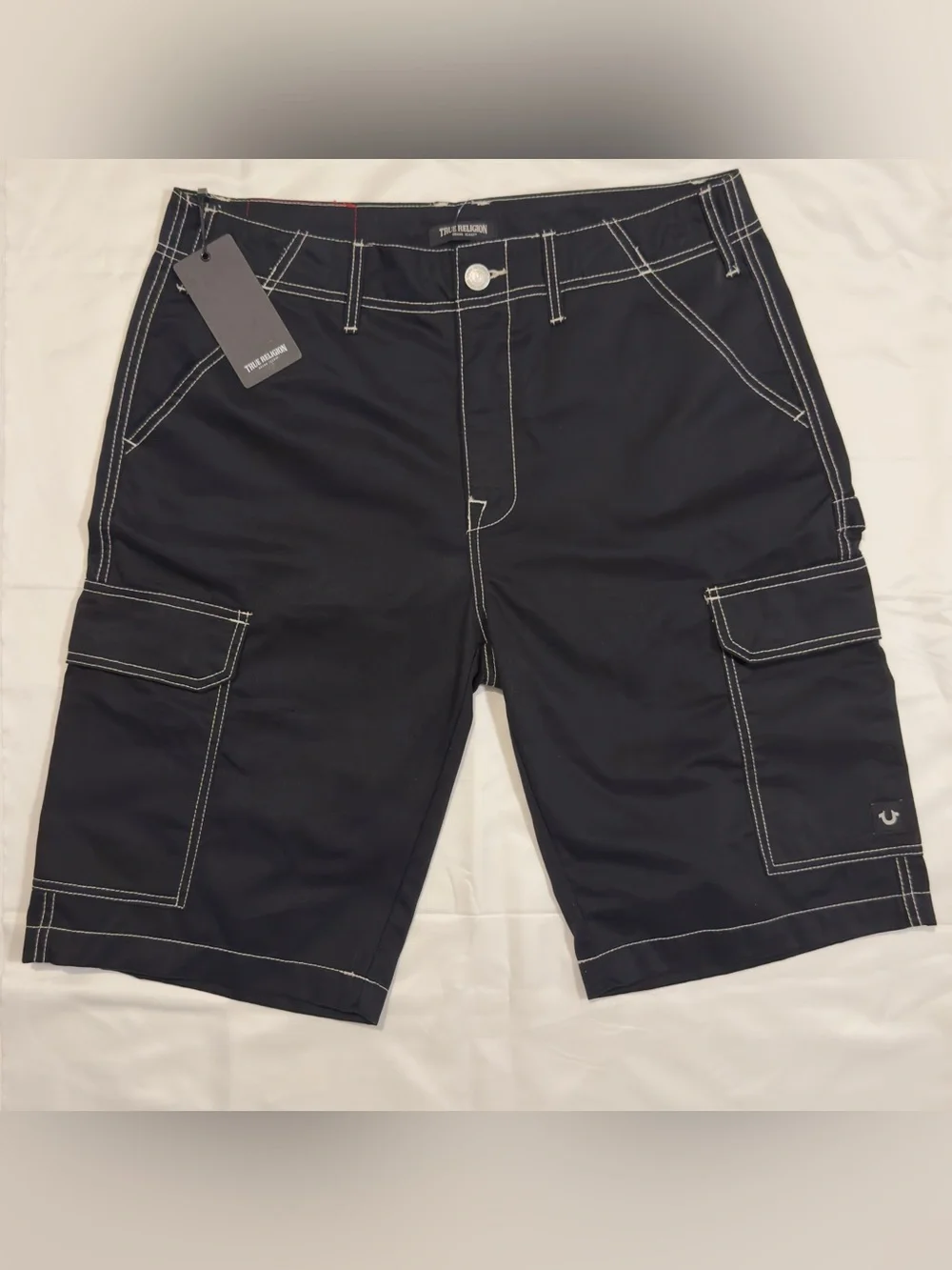 True Religion Black Cargo Shorts with White Contrast Stitching